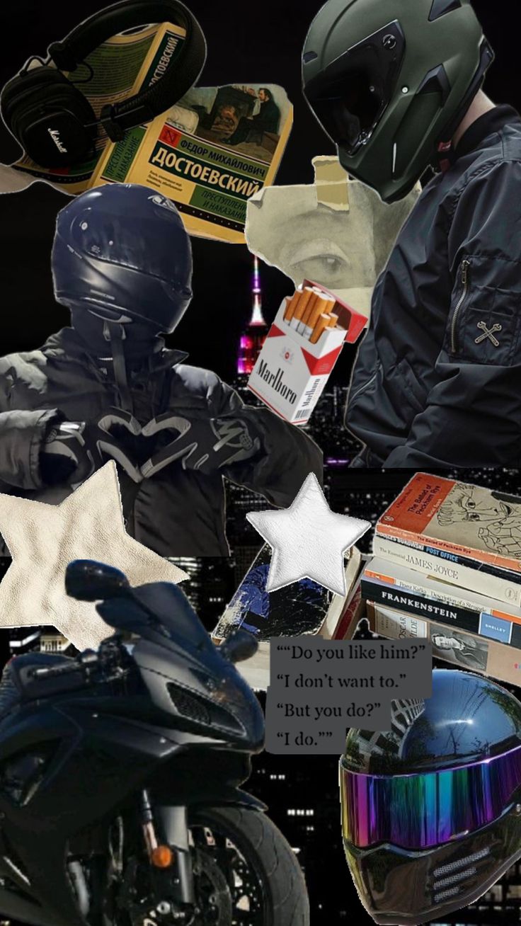 a collage of motorcycle helmets and books