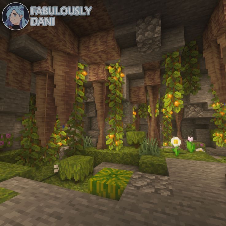 a screenshot of the interior of a minecraft house with plants and flowers on it