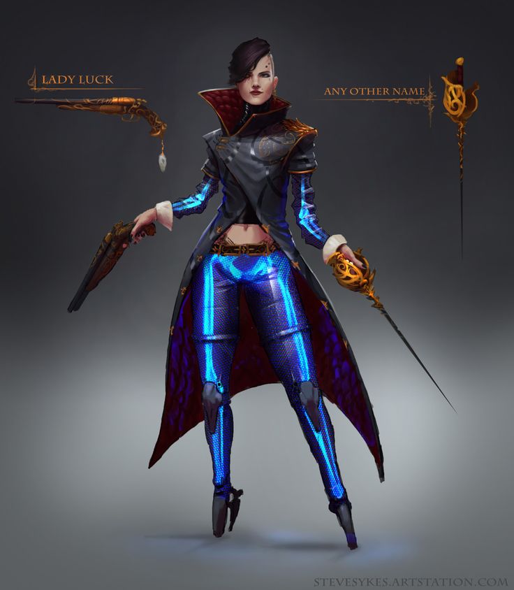 a woman dressed in blue and black holding two swords, with the words lady luck on it