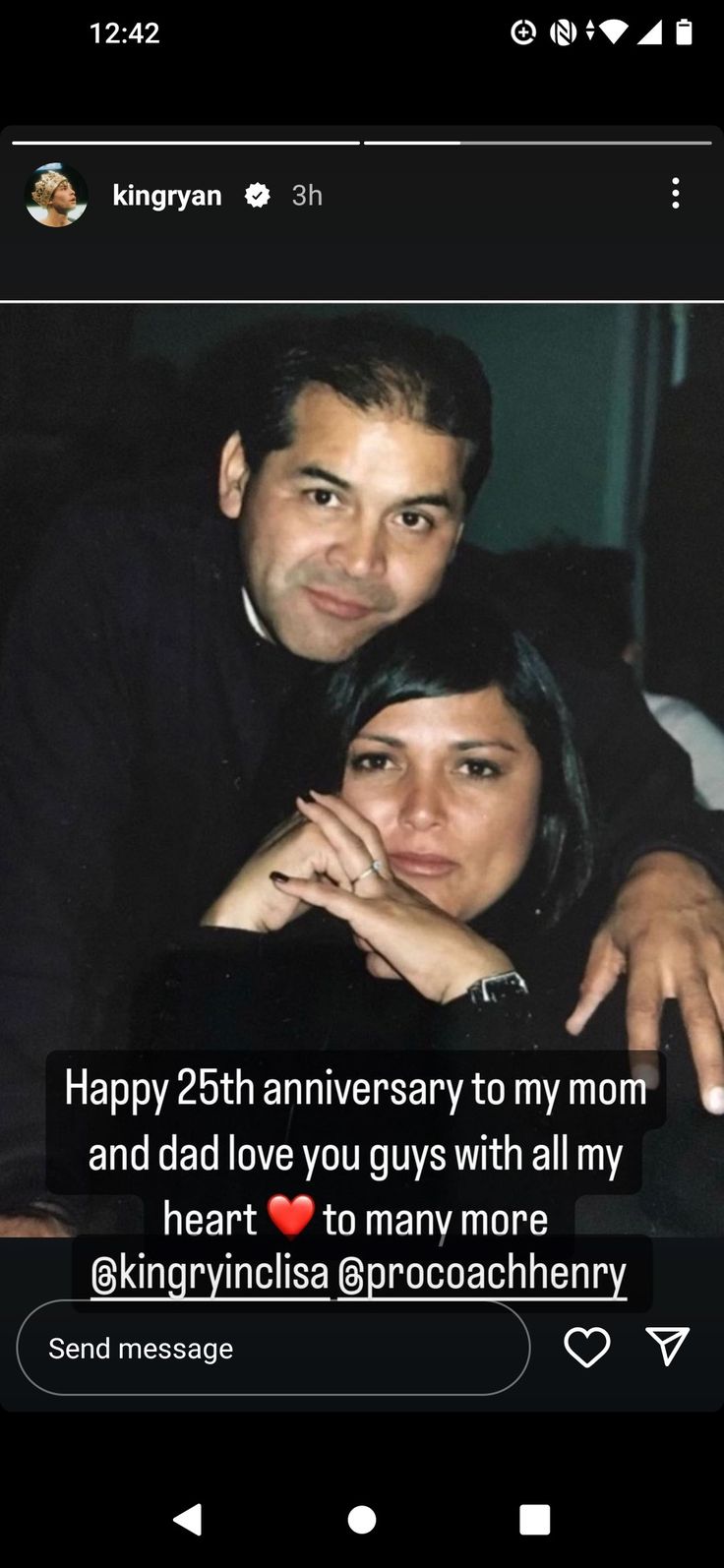 two people posing for a photo with the caption happy 25th anniversary to my mom and dad love you guys with all my heart to many more