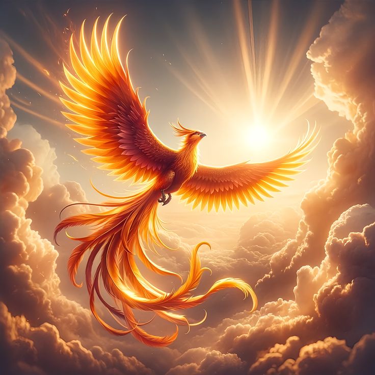 a painting of a bird flying in the sky with clouds and sun shining behind it