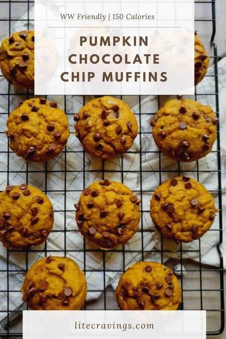 pumpkin chocolate chip muffins on a cooling rack with text overlay that reads, pumpkin chocolate chip muffins