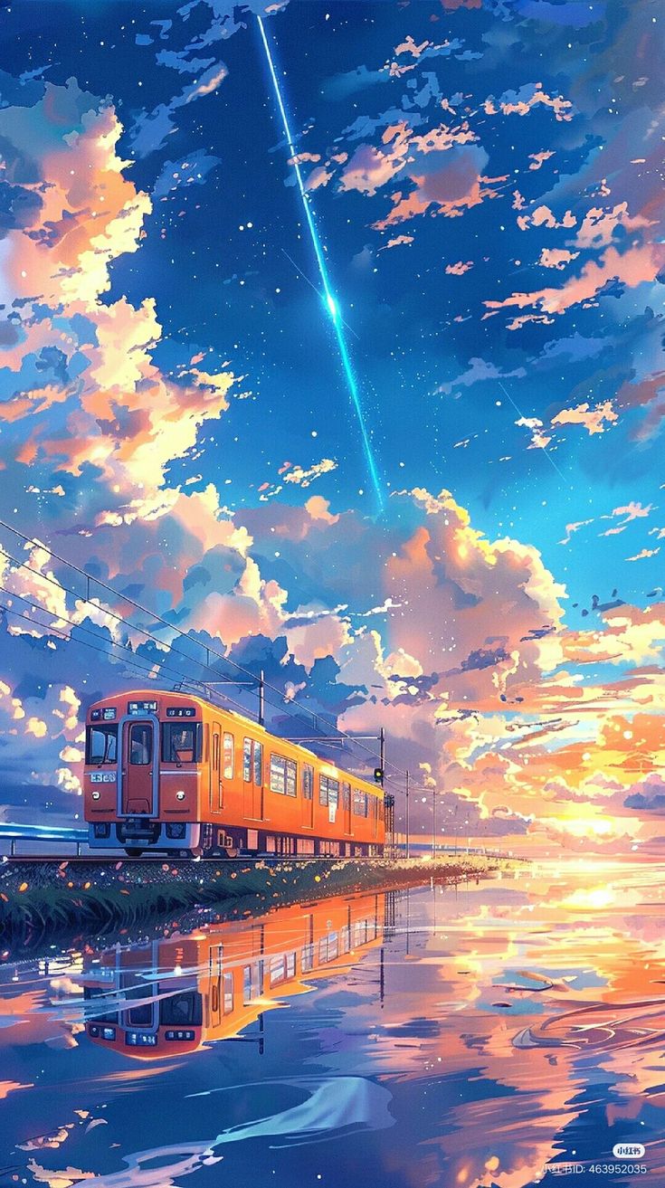 an anime scene with a train on the tracks and clouds in the sky above it