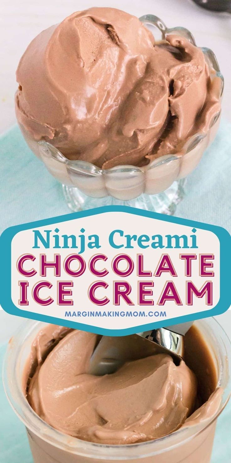 chocolate ice cream in a glass bowl with a spoon on top and the title overlay reads, nina cream chocolate ice cream