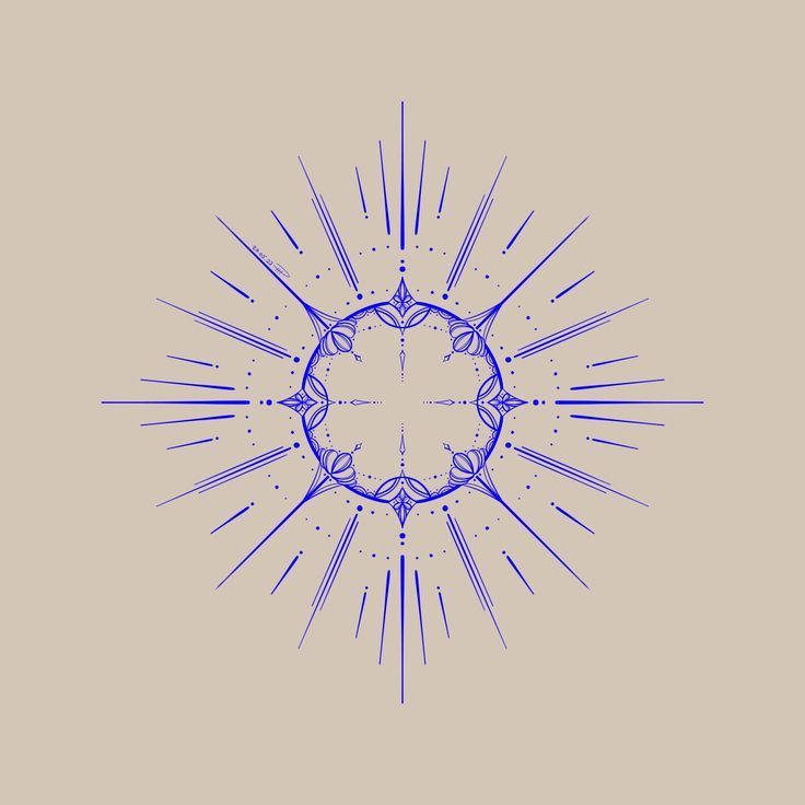 a blue and white drawing of a sunburst in the middle of it's rays