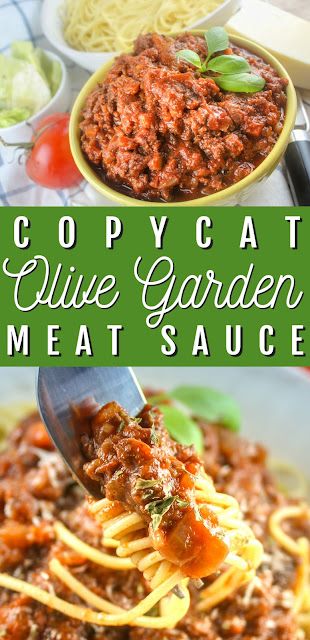 two pictures of spaghetti and meat sauce with the words copycat olive garden meat sauce