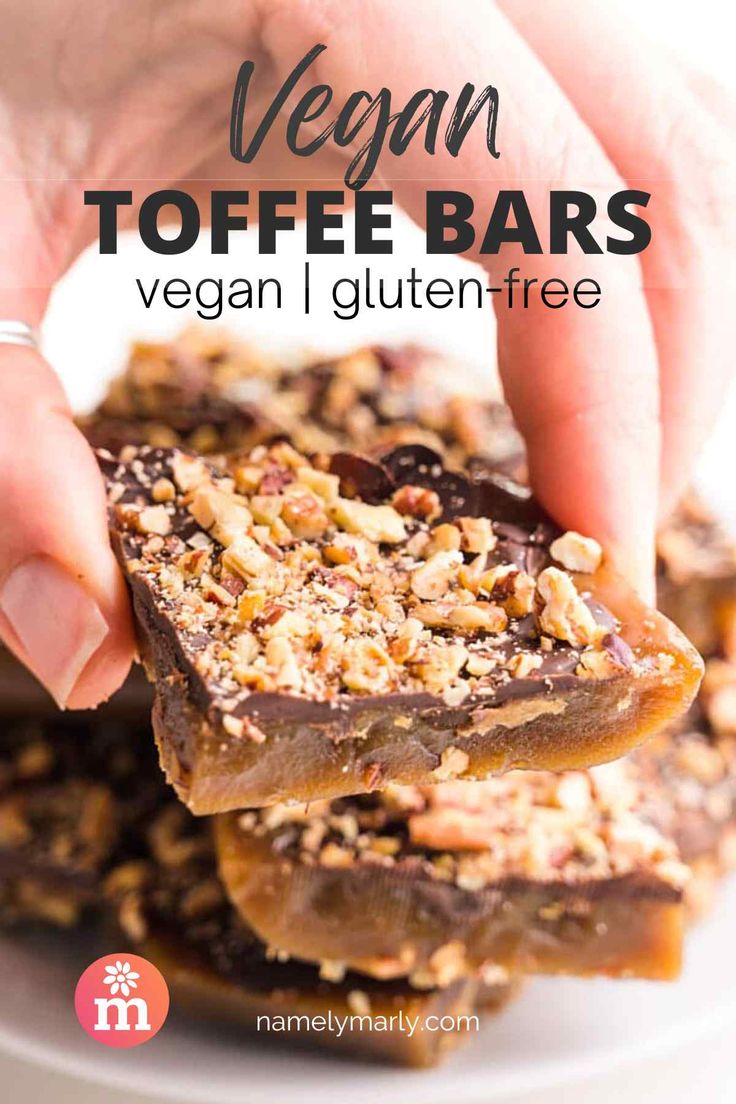 vegan toffe bars stacked on top of each other with text overlay that reads vegan toffe bars vegan i gluten - free