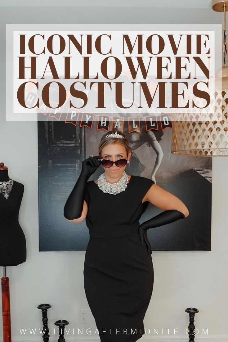 a woman standing in front of a poster with the words iconic movie halloween costumes