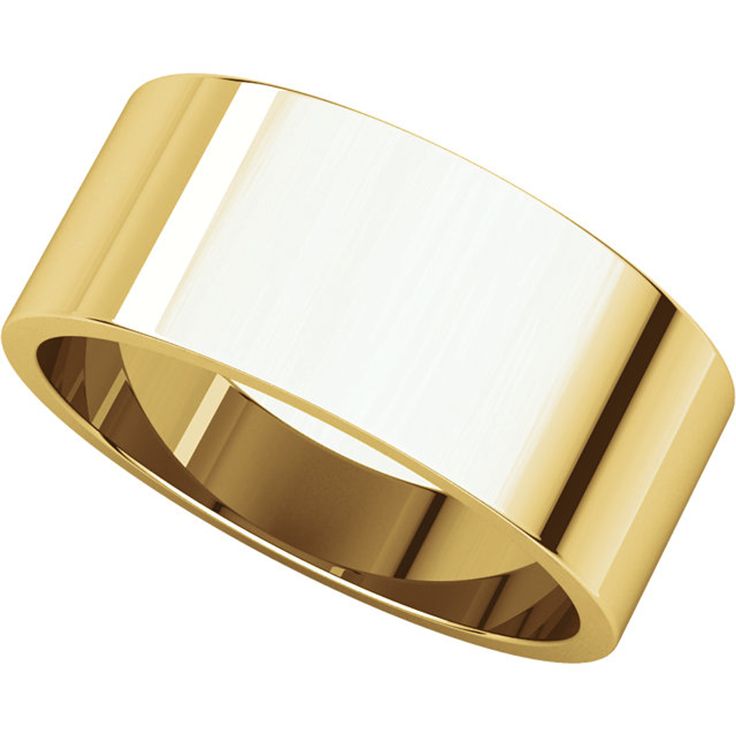 a yellow gold wedding ring with a plain surface and rounded edges, on a white background