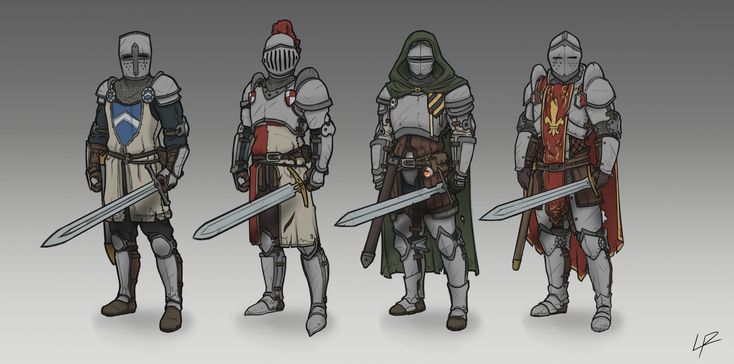 some knights are standing in line with their swords and armors, all wearing different outfits