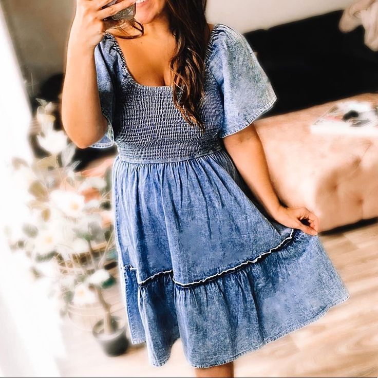 This Dress Combines Two Hot Trends (Chambray & Acid Wash) Into One Flattering Fit! Perfect For Summer Day Trips & Brunch, But Will Transition Perfectly Into Fall Too So Be Prepared To Get Your Money’s Worth With This Dress! Features: Ultra Stretchy Smocked Bodice, Flowy Bell Sleeves, Empire Waist, A-Line Skirt With Tiered Ruffle, And A Distressed Acid Wash Finish. Knee Length. Blue Non-stretch Sundress, Blue Mini Denim Dress For Beach, Non-stretch Blue Dresses For Brunch, Non-stretch Blue Dress For Brunch, Blue Cotton Sundress With Short Sleeves, Blue Cotton Short Sleeve Sundress, Non-stretch Cotton Summer Dress, Blue Cotton Dress For Brunch, Blue Non-stretch Dress For Day Out