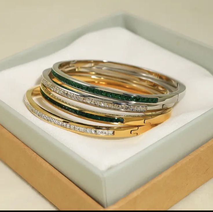 18k Gold Plating Hypoallergenic Tarnish-Free Gold White Stone Gold Emerald Stone Silver White Stone Silver Emerald Stone Stainless Steel Bracelets With Plating As Gift, Silver Gold Plated Bracelets, Silver Gold-plated Bracelets, Silver Plated Bangle Bracelet, Silver Plated Bangle Bracelets, Stackable White Gold Bangle As A Gift, Silver Plated Bracelets As Gift, Modern Plated Bracelets As Gift, Stackable White Gold Bracelets As Gift