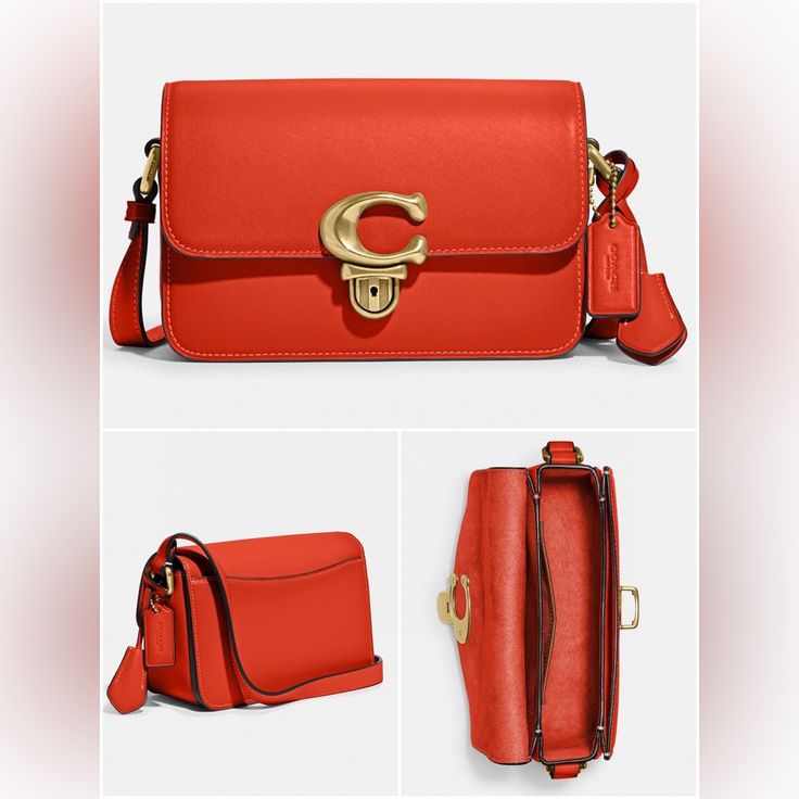 Coach Studio Shoulder Bag 19 B4/Red Orange Glovetanned Leather Style No. C7936 Inside Multifunction Pockets Pushlock Closure, Fabric Lining Outside Open Pocket Adjustable Strap With 19" Drop For Shoulder Or Crossbody Wear 7 1/2" (L) X 5" (H) X 3 1/4" (W) Coach Studio Shoulder Bag 19, Studio Shoulder Bag Coach, Coach Studio Shoulder Bag, Leather Style, Orange Red, Leather Fashion, Adjustable Straps, Bag Lady, Shoulder Bag