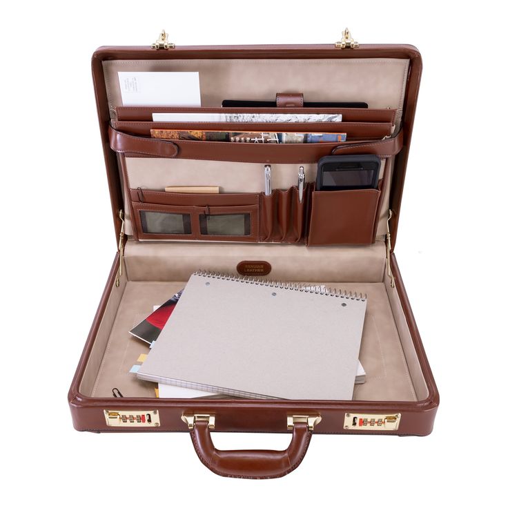 The Lawson is the epitome of regal design and functionality. Boasting a slim, chic coat with gold finished hardware, this leather attaché briefcase can take everything you need to the office with eye catching style. Included is a 3-digit lock to keep what’s important safe no matter where you are. Features: Full Grain Leather 18.25” x 4.25” x 13.25” and 5.3lbs 3-digit combination lock Gold finish hardware Business organizer File divider Tablet pocket Protective feet Style #8045 Leather Goodies, Disney Gift Card, Tactical Wear, Lego Super Heroes, Regal Design, Chic Coat, Disney Gift, Eye Makeup Designs, File Organization