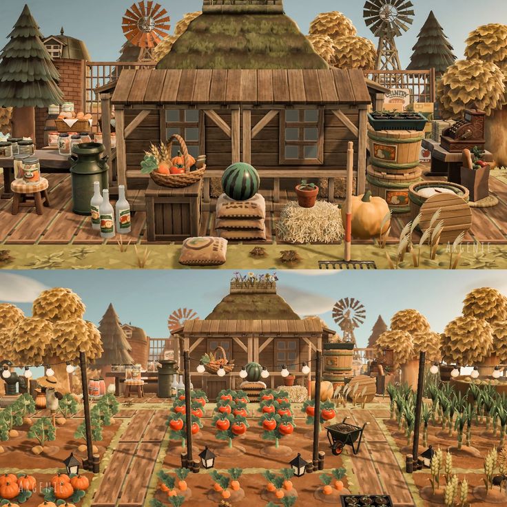 an animated farm scene with pumpkins, hay and other things in the yard on display