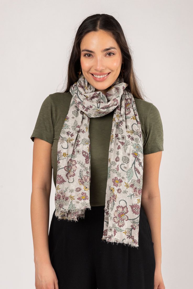 This Jacobean scarf is the perfect way to keep your neck warm in the cooler months or to add a bit of pizzazz to your outfit in the summer. Crafted from 100% cotton, the light and airy design features a distinctive Suzani print, perfect for taking any look to the next level. Machine wash cold 100 % Cotton Made in India Bohemian Cotton Scarves With Floral Print, Casual White Beach Scarf, Bohemian Cotton Scarf With Floral Print, Trendy Cotton Winter Scarves, Casual Multicolor Scarves, Trendy Cotton Scarves For Winter, Trendy Cotton Summer Scarves, Trendy Cotton Scarves For Summer, Trendy Summer Cotton Scarves