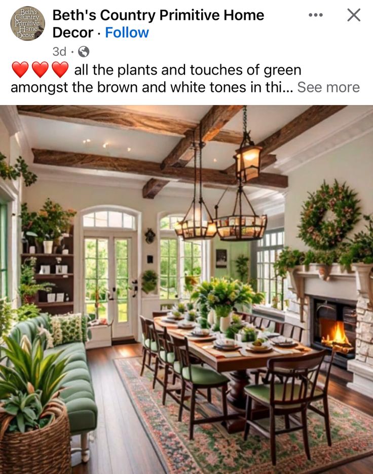 the dining room is decorated in green and has potted plants on the table, along with