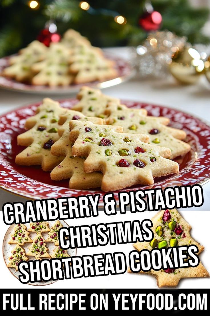 christmas shortbread cookies with cranberry and pistachio toppings on red plate