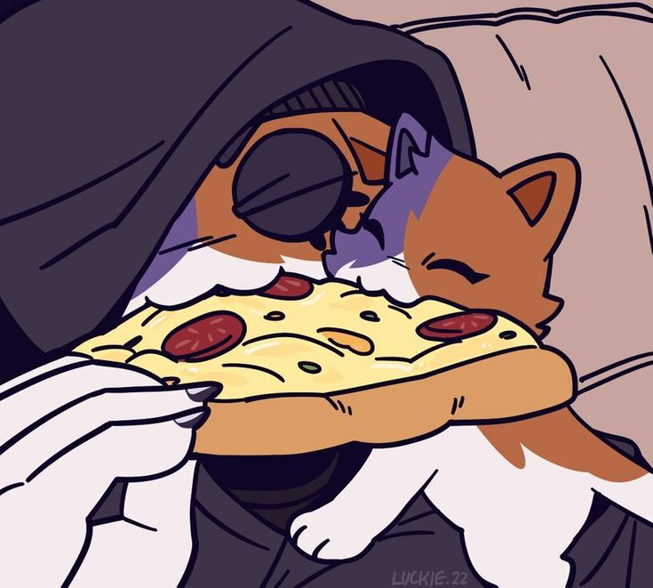 a cat is biting into a piece of pizza with its eyes covered by a hoodie