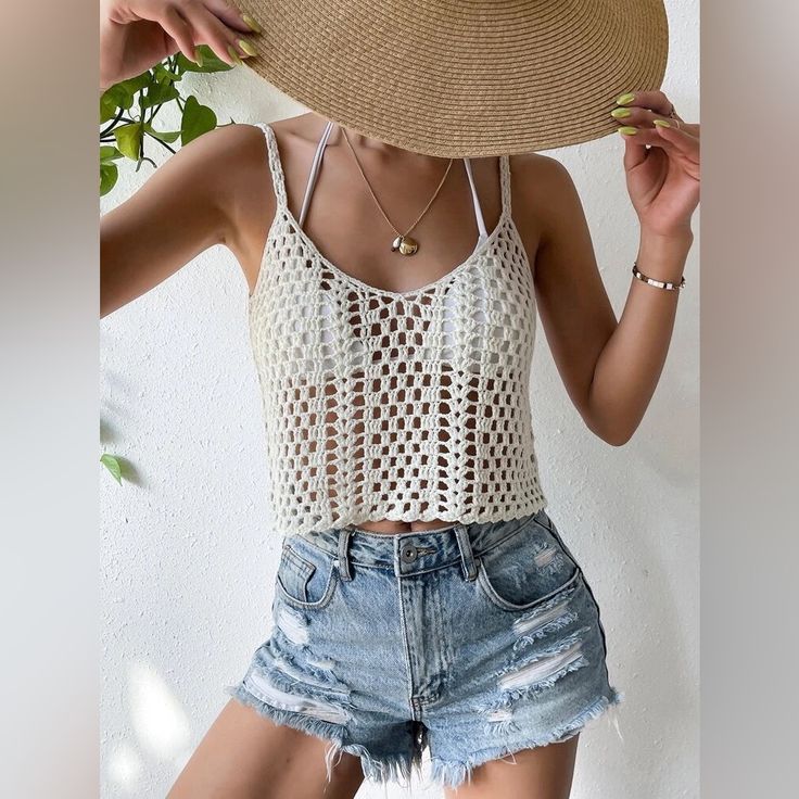 Brand New, Never Worn Perfect For A Cute Casual Top Over A Bralette Or Bathing Suit For Summer Nights Out. Medium Shein Crochet White Spaghetti Strap Tank Top! Getting Ready For Your Bachelorette Party Or Honeymoon Or Vacation?? You’re In Luck! Sadly, I Missed The Return Window By One Day On These Shein Purchases That I Hoped Would Work Out For My Bachelorette Party. My Loss Is Your Gain! Beach Crochet Top With Open Knit, Beach Crochet Top In Open Knit Yarn, Spring Vacation Crochet Top, Knit Crochet Top For Summer, Spring Vacation Crochet Knitted Top, Summer Cotton Crochet Top With Open Knit, Trendy Summer Crochet Top With Crochet Trim, Crochet Top For Beach In Summer, Trendy Crochet Top With Crochet Trim For Summer