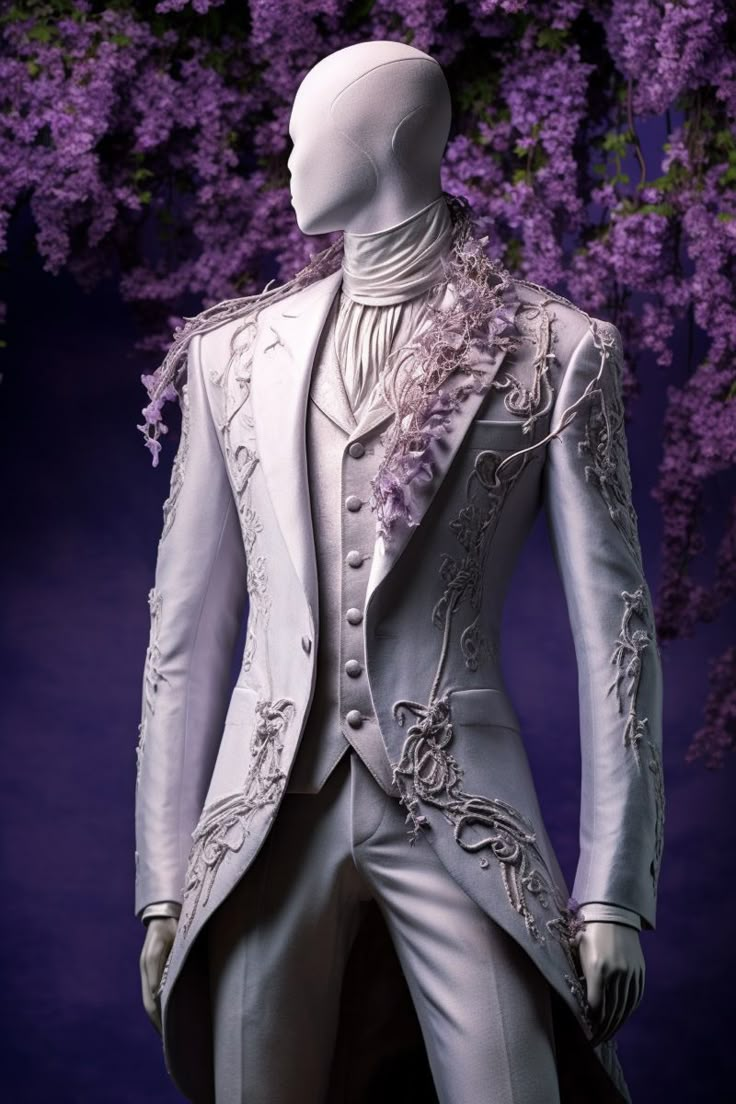 Wisteria inspired suit Royal Ball Men Outfit, Enchanted Forest Suit For Men, Extravagant Suits Men, Royal Men Outfit, Fantasy Wedding Suit, Masquerade Ball Outfits For Men, Ball Outfits Men, Masquerade Drawing, Masquerade Outfit Ideas Men