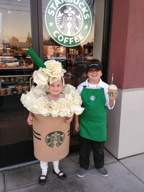 two children dressed up as starbucks coffee characters