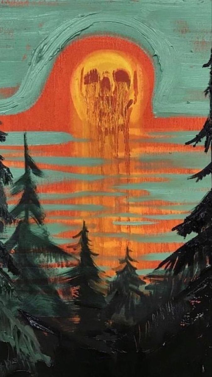 an oil painting of trees with the sun in the background