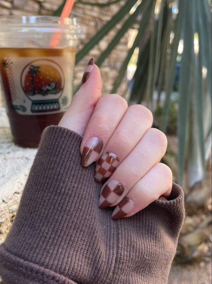 brown checkered nails #nails #nailart #almondnails #brown #brownnails #gelnails #fallnails #fall #coffee Brown And Tan Checkered Nails, Checkered Nails Fall, Brown Checkered Nails, Checkered Nails, Brown Checkered, Cute Nail Art Designs, Fall Coffee, Nails 2023, Cute Nail Art