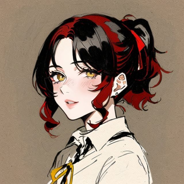 a drawing of a woman with red hair wearing a white shirt and yellow scissors in her hand