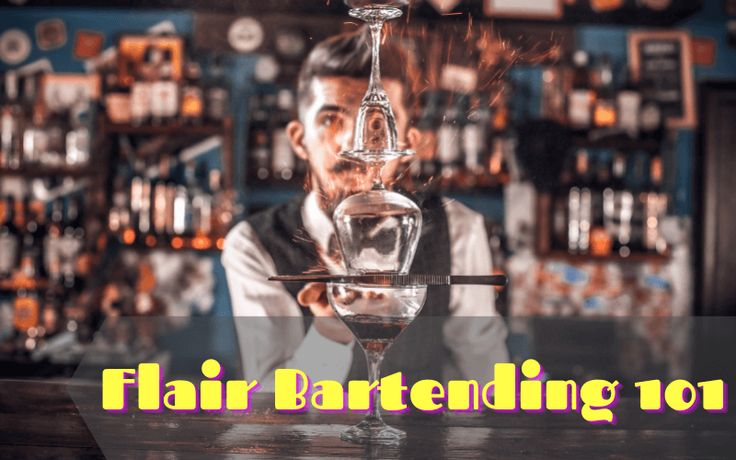 a man holding a wine glass in front of a bar with the words flair barteting you