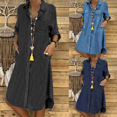 Top Rated Women Ladies Denim Dress Shirt Midi Long Sleeve Loose Buttons Solid Color Gown, women's dresses Dresses For Women Over 60, Casual Denim Dress, Leisure Dress, Elegant Summer Dresses, Denim Maxi, Denim Patterns, Casual Skirt, One Piece Dress, Knee Length Dresses