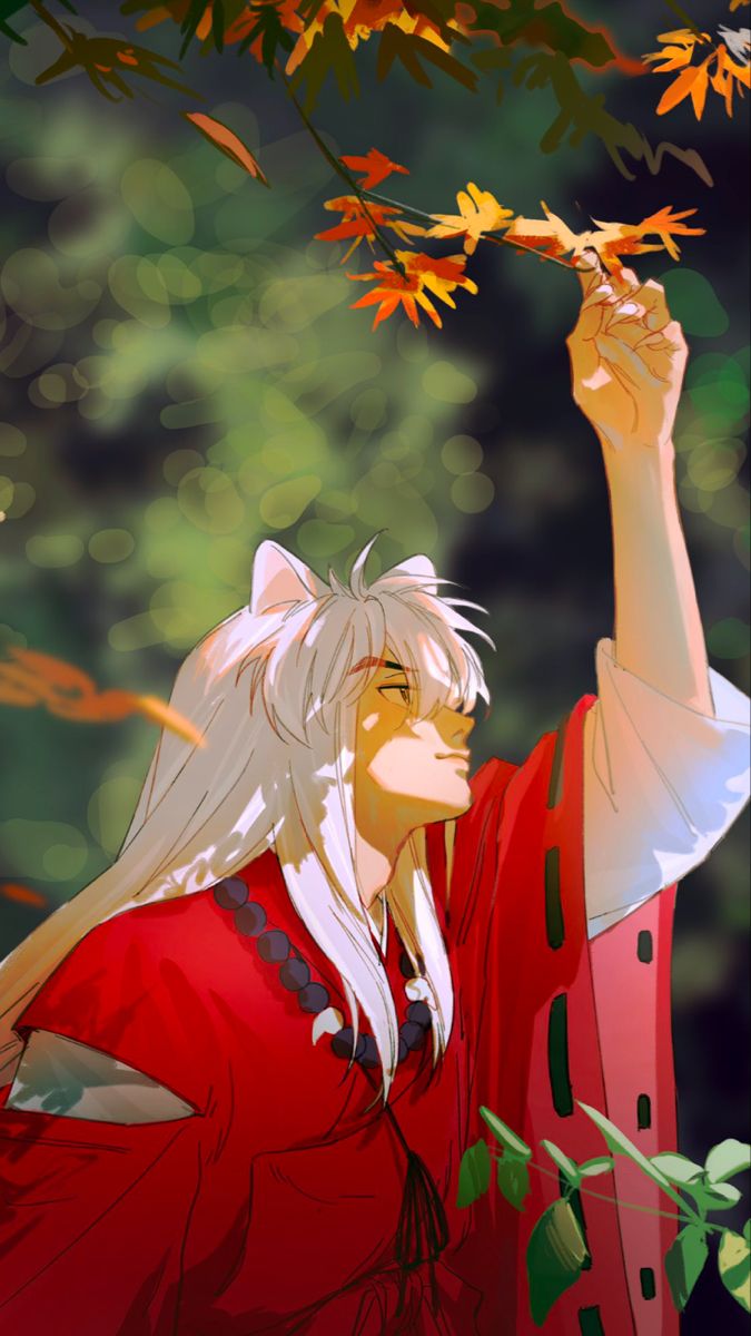 an anime character with white hair is holding leaves in the air and looking at something