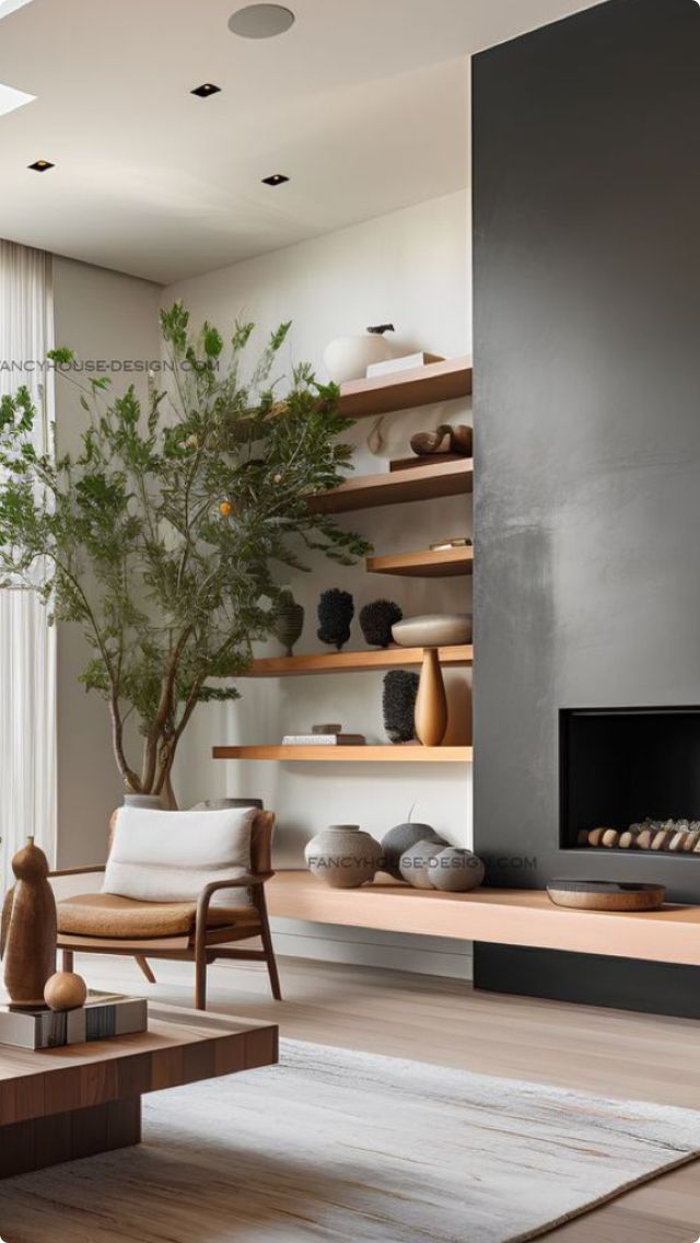 a living room filled with furniture and a fire place in front of a large window