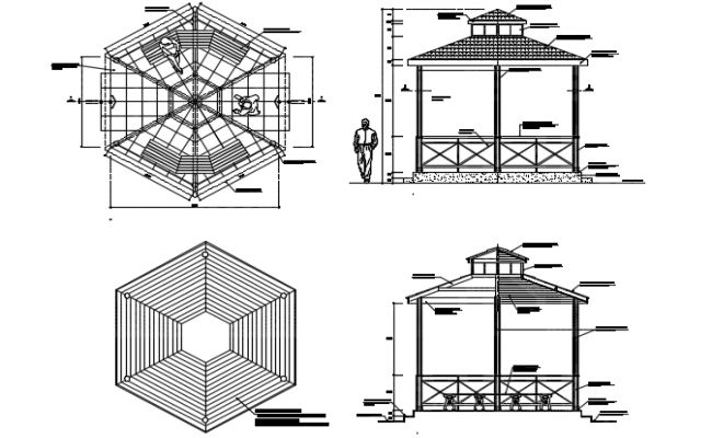 four different types of pavilions with measurements and details for each building, including the top one