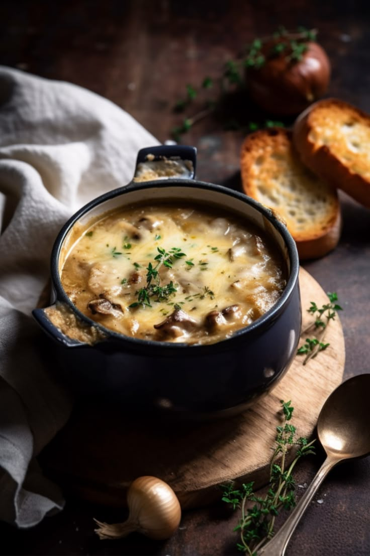 a bowl of soup with bread and parsley