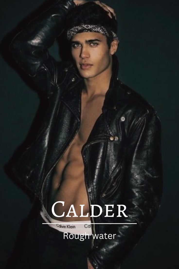 a shirtless man in black leather jacket posing for a magazine cover photo with his hand on his head