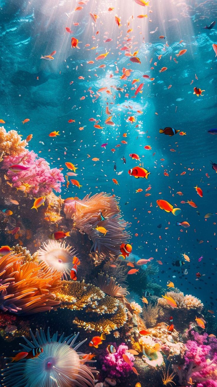 an underwater scene with fish and corals in the water, sunlight shining down on them