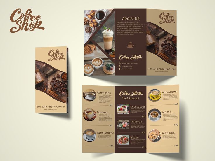 two fold menus with coffee shop images on them