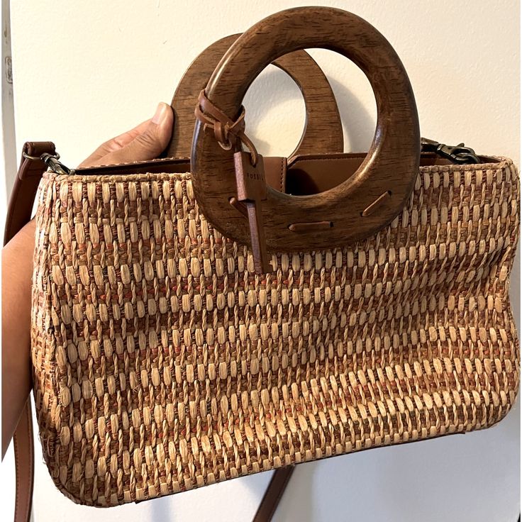 Never Used, Perfect Summer Bag With Shoulder Strap. Leather Bottom. Bag With Wooden Handles, Fossil Handbags, Summer Bag, Fossil Bags, Wooden Handles, Perfect Summer, Tan Brown, Straw Bag, Fossil