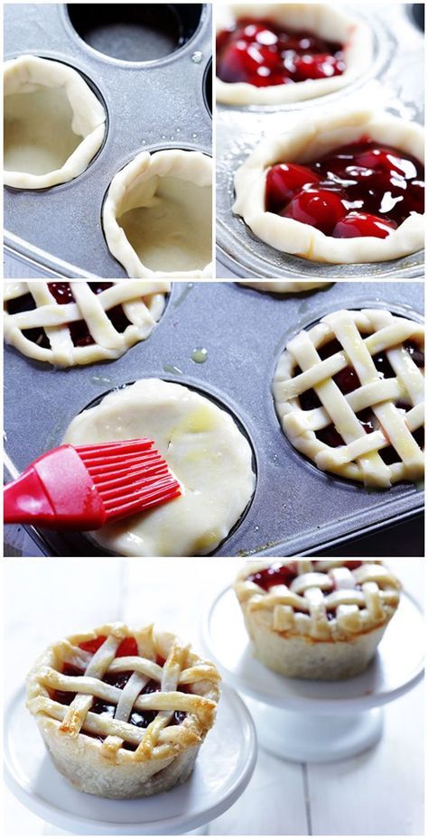 pies are being made in the shape of pie pans with cherry filling on top