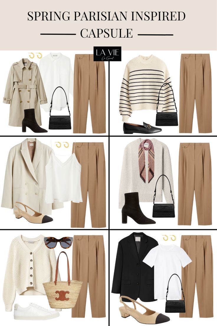 graphic of 6 different outfits to wear in spring Spring Capsule Outfits 2023, Mix And Match Fashion Style, Mix And Match Capsule Wardrobe, Classic European Outfits, French Countryside Style Fashion, Mix And Match Office Outfits, Parisian Autumn Outfit, Sandwich Rule Outfit Ideas, Monochrome Capsule Wardrobe