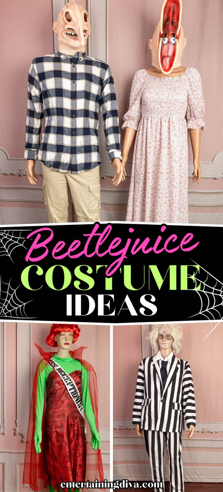 The Best Beetlejuice Costume Ideas | Halloween Beetlejuice Ghost Costume, Beetlejuice Costume Ideas For Women, Easy Beetlejuice Costume, Beetlejuice Themed Outfits, Beetlejuice Sandworm Costume, Beetlejuice Couples Costume, Beetle Juice Characters, Beetle Juice Family Costume, Beetlejuice Characters Costumes