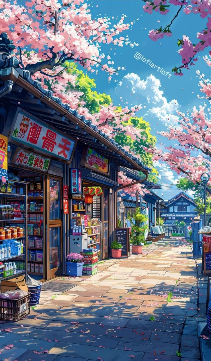 a painting of a store with cherry blossom trees in the background