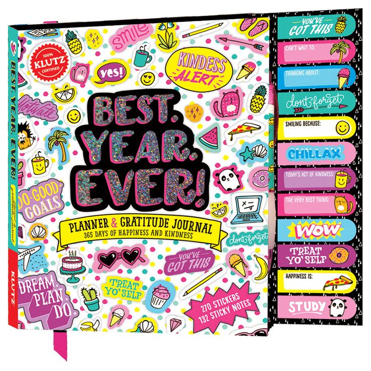 the best year ever creative journal planner is shown in pink and blue, with colorful stickers on it