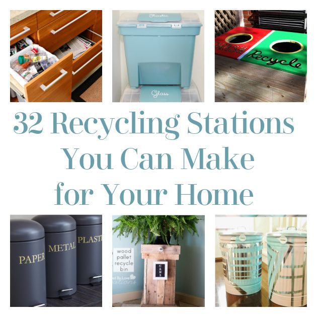 several pictures with the words recycling stations you can make for your home