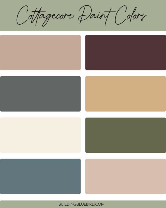 the color palette for cottage paint colors, including brown, green, and beiges