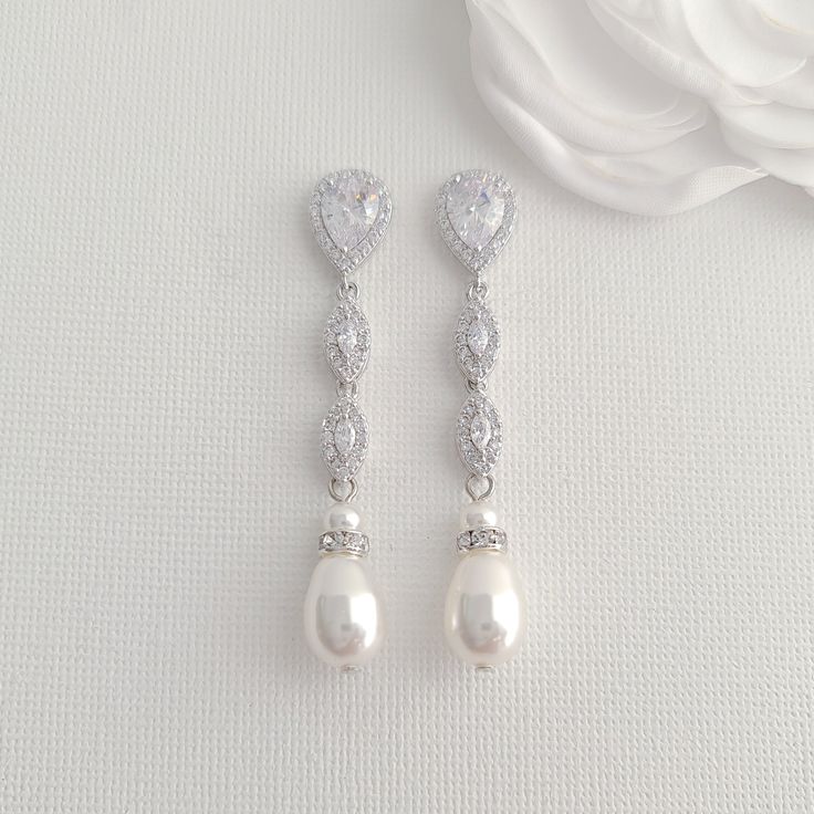 Delicate Slim Long Silver Pearl Earrings for Weddings and Formal Wear – PoetryDesigns Pearl Wedding Jewelry Sets, Silver Pearl Drop Earrings, Bridal Jewelry Pearl Sets, Silver Bridal Jewellery, Wedding Jewellery Designs, Rose Gold Pearl, Pearl Bridal Jewelry, Silver Pearl Earrings, Pearl Earrings Wedding