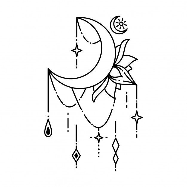 a black and white drawing of a crescent with stars, moon and drops on it