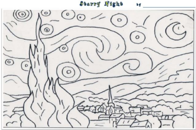 a black and white drawing of a starry night