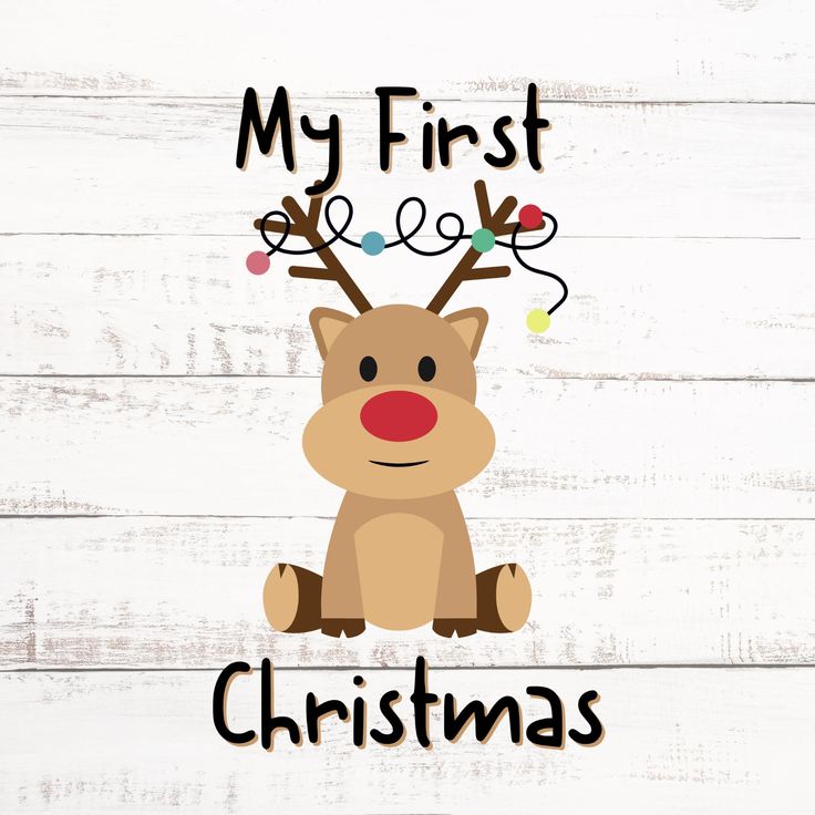 a reindeer with christmas lights on it's antlers and the words, my first christmas